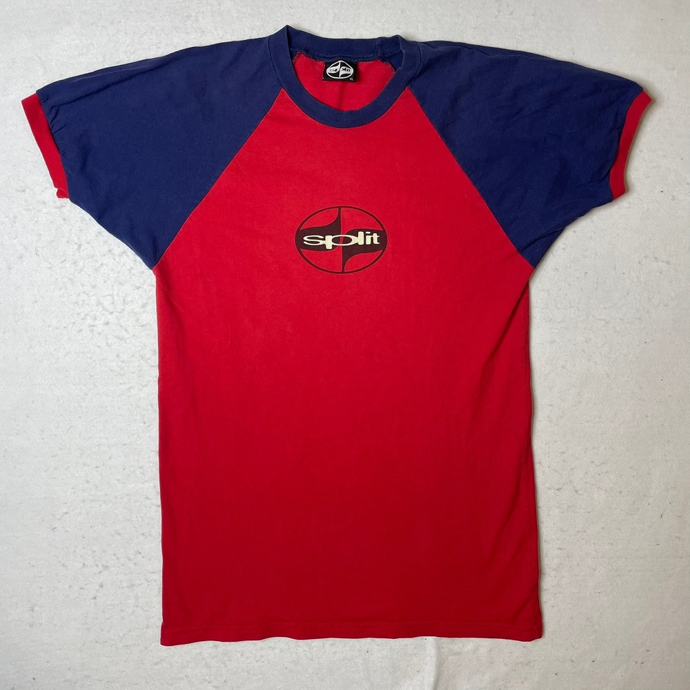 VINTAGE 1995 Split USA Red Blue Raglan Graphic T Shirt XL Retro Skate Surf‎ 90s